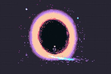 A charming 8-bit pixel art of a glowing pixelated wormhole swirling in vibrant hues of orange, purple, and blue, surrounded by pixelated stars being pulled into its glowing core for an intense 