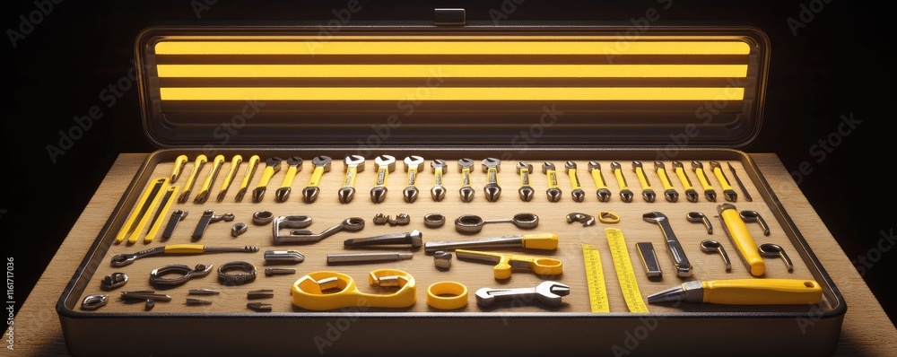 Poster a neatly organized toolset with various hand tools and accessories for mechanical tasks.
