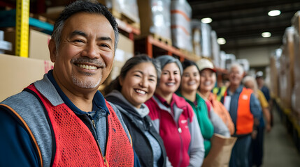A joyfully diverse group of volunteers work together in a warehouse, their smiles radiating warmth and happiness for business poster 4K