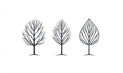 Three stylized tree illustrations bare, leafless, and leaf-shaped.