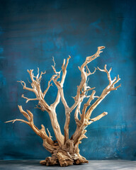 Fototapeta premium Stunning driftwood sculpture in dynamic pose against dark blue background with studio lighting