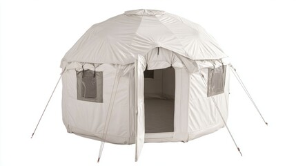 White luxury canvas camping tent is tall sphere isolated on white background. Perfect for outdoor adventures hiking and nature travels. Spacious and durable clipping paht for graphic design 