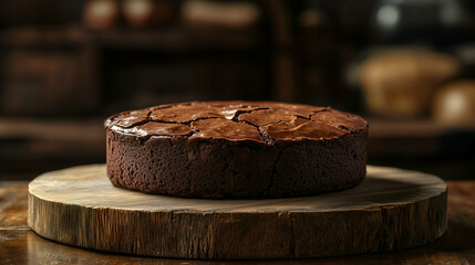 A rich and moist chocolate cake featuring a rustic cracked fudge top. Displayed on a wooden board,...