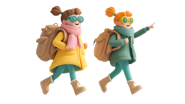 3D Cartoon Travelers Exploring in Winter Outfits with Backpacks