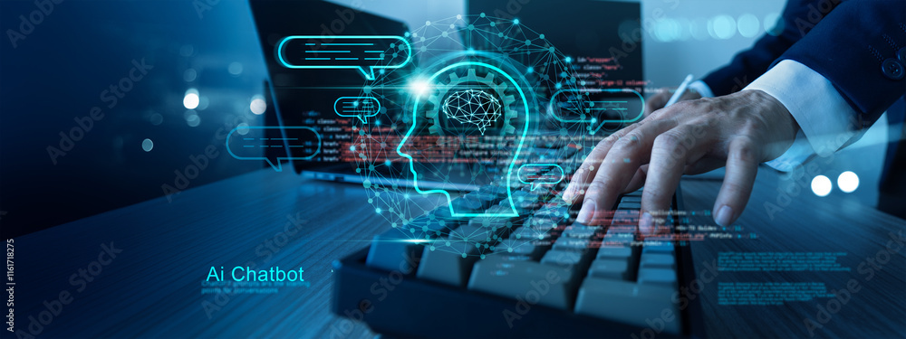 Poster Businessman with computer using Ai Chatbot asking questions on business strategy and and plans of investment, big data and algorithm ai technology. AI chat chatting learning on information gathering