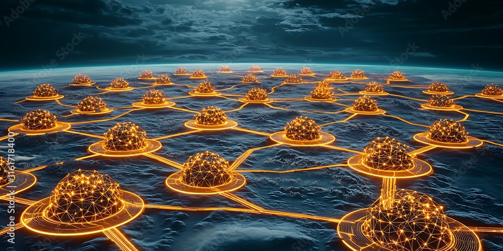 Poster futuristic network grid with glowing nodes and connecting lines over ocean under dramatic clouds and