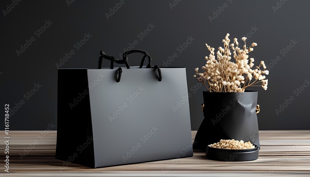 Poster elegant black paper bag mockup with dried flowers and decorative elements minimalist setting studio 