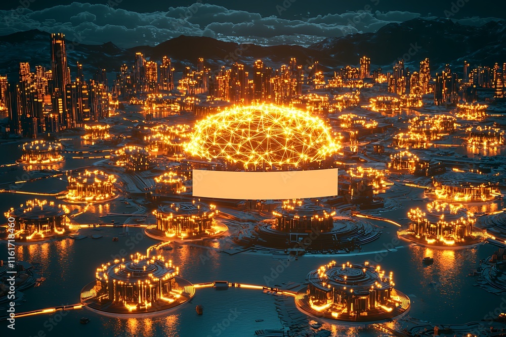 Poster futuristic cityscape with glowing networks and illuminated circular structures at night over water i