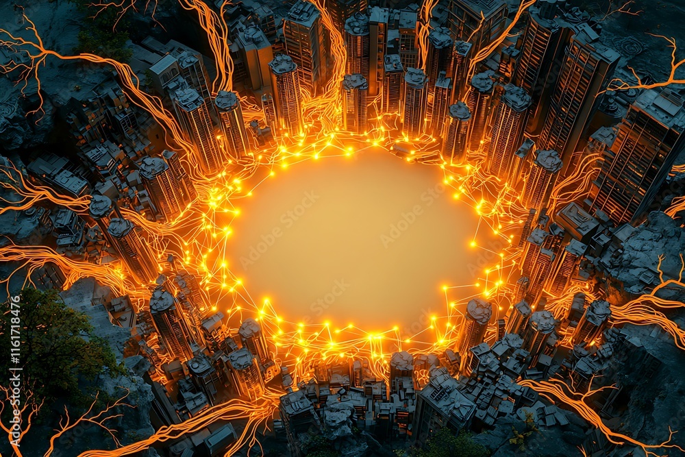Aufkleber futuristic cityscape with electrical energy flowing in circular pattern surrounded by towers and a c