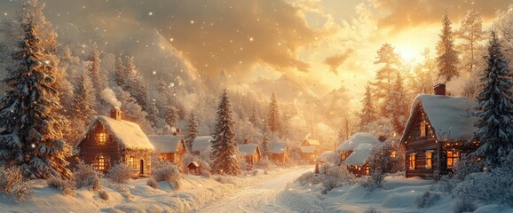 Enchanting Winter Village at Golden Sunset