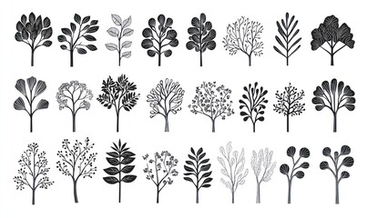Collection of minimalist hand-drawn trees and shrubs.
