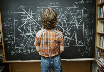 Young boy with mathematical equations in front of blackboard depicting concept of learning difficulties and neurological disorders