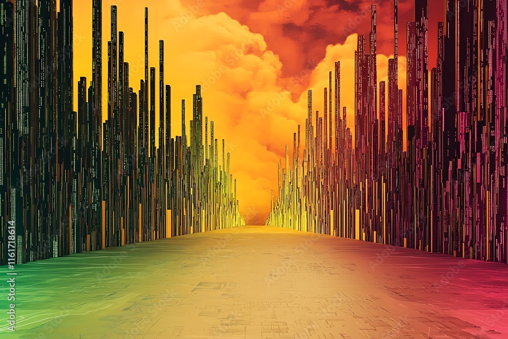 Poster vibrant abstract landscape with vertical structures and colorful sky in exaggerated perspective, ide