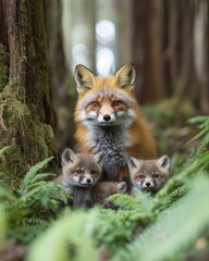 A red fox with two kits nestled among ferns in a lush forest setting.