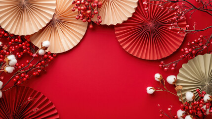 Festive Red And Beige Paper Fans With Berries And Cotton