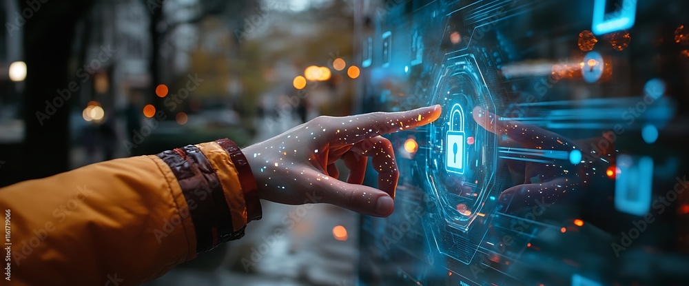 Poster a hand interacts with a digital lock on a futuristic interface.