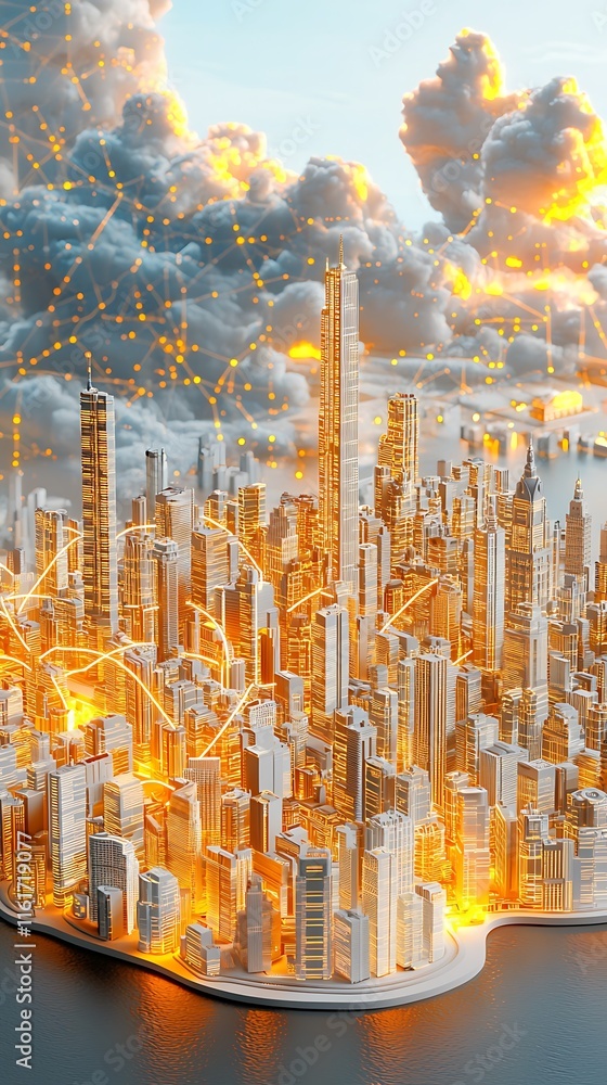 Poster futuristic city skyline with cloudy sky and advanced technology network simulation representing urba