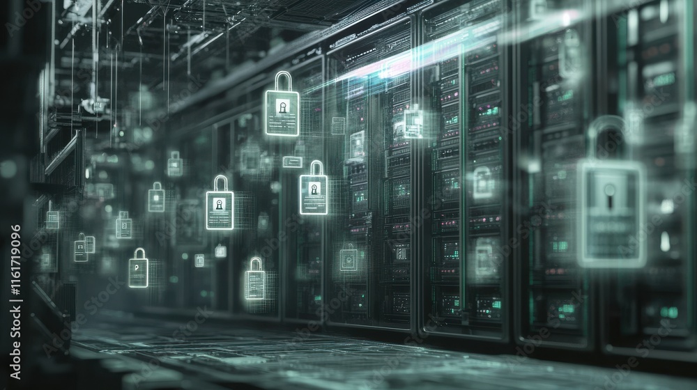 Poster network security concept with digital locks and data servers