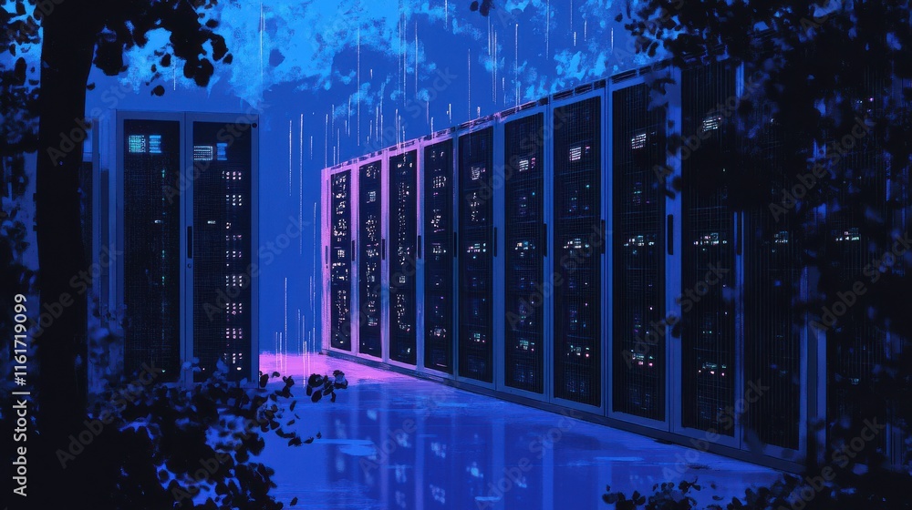 Poster modern data center with server racks and futuristic lighting