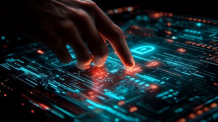 A hand interacts with a digital interface displaying cybersecurity elements.
