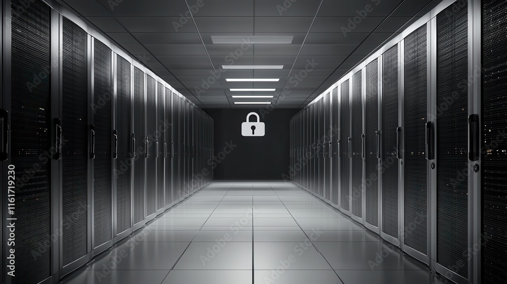 Poster secure data center corridor with lock symbol and server racks
