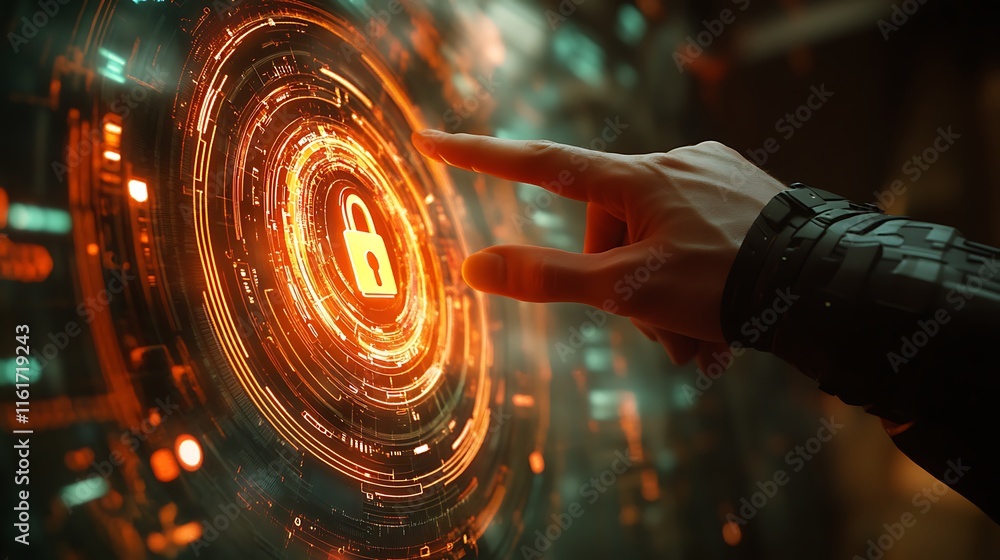 Poster a hand interacts with a digital lock symbol in a futuristic interface.