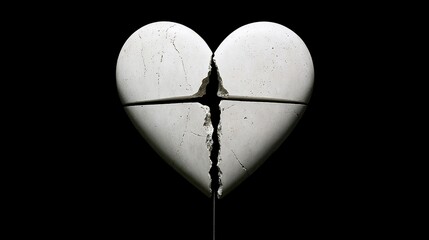 Broken heart sculpture, white marble, cross-shaped crack, black background.