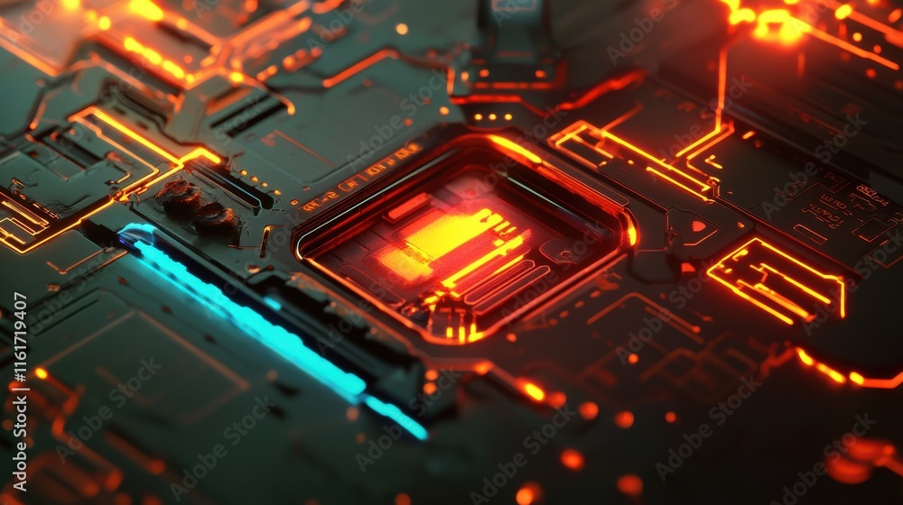 Poster futuristic circuit board with glowing elements in dark environment