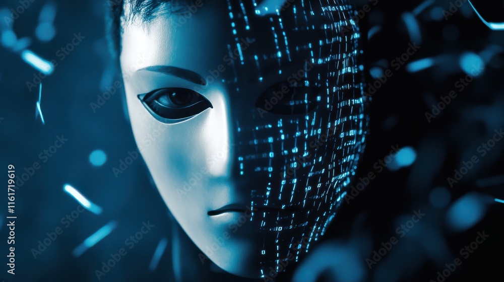 Poster futuristic robot face with data streams and digital aesthetics