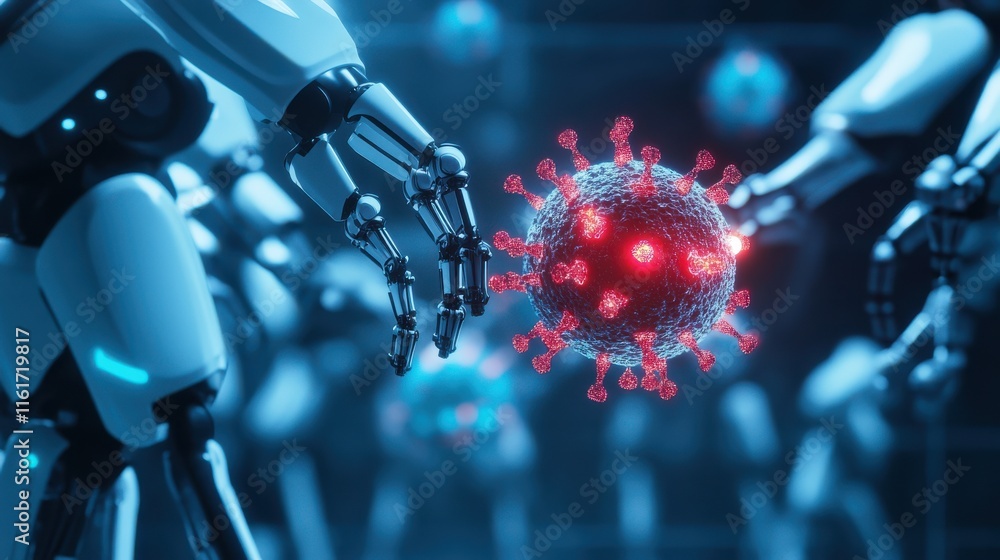 Poster robots with virus model in futuristic digital laboratory environment