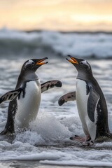 Obraz premium Two penguins playfully interacting in the surf at sunset.