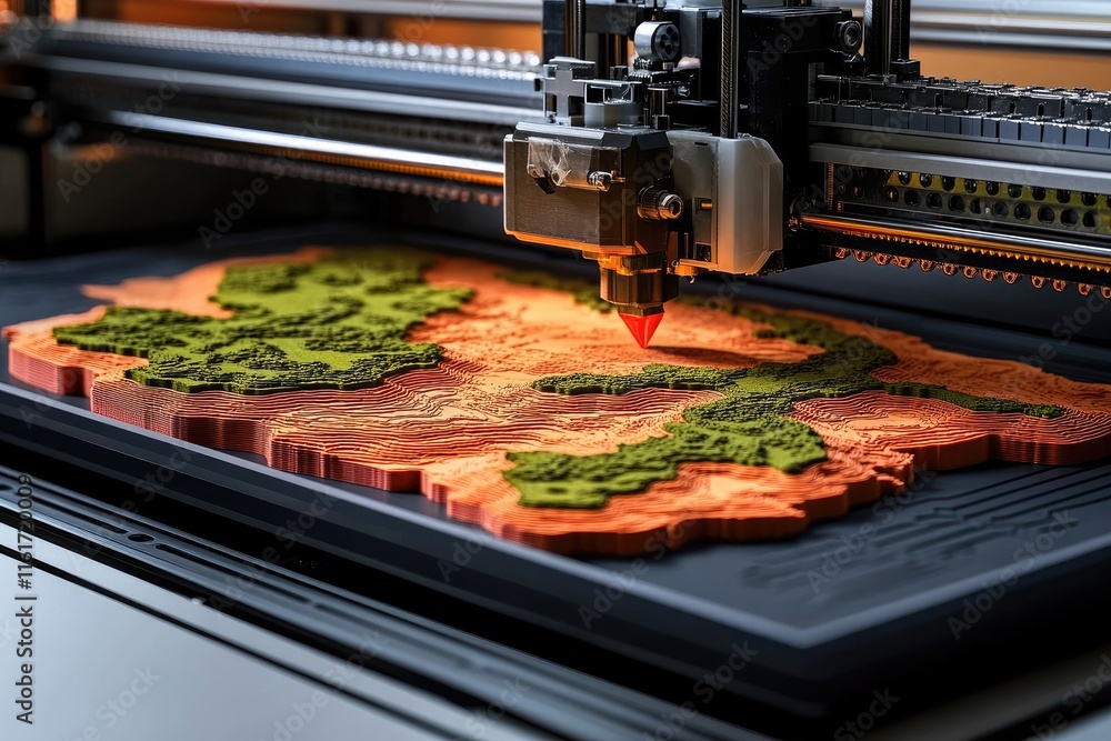 Poster a 3d printer creating a detailed landscape with textured features.