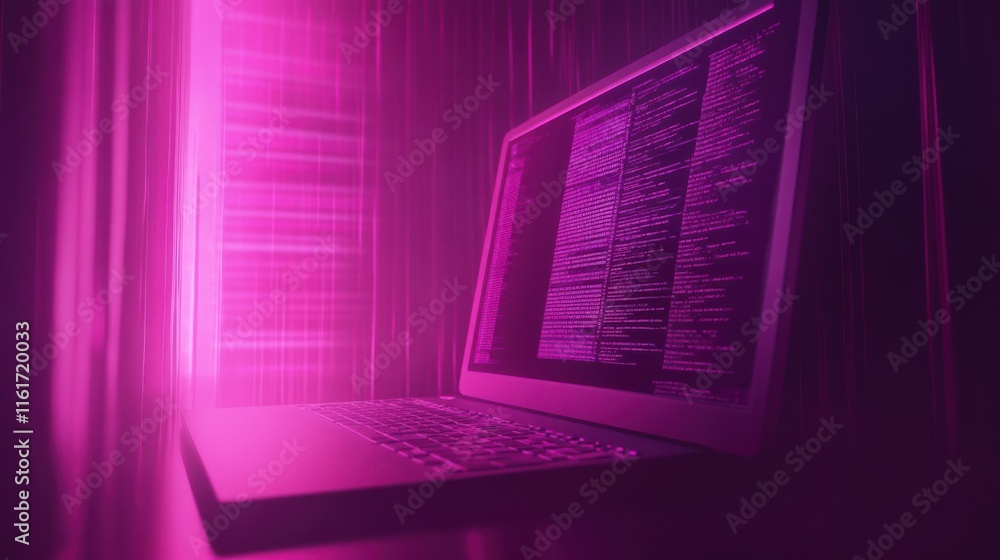 Poster futuristic laptop with neon glow and coding on screen in dark room