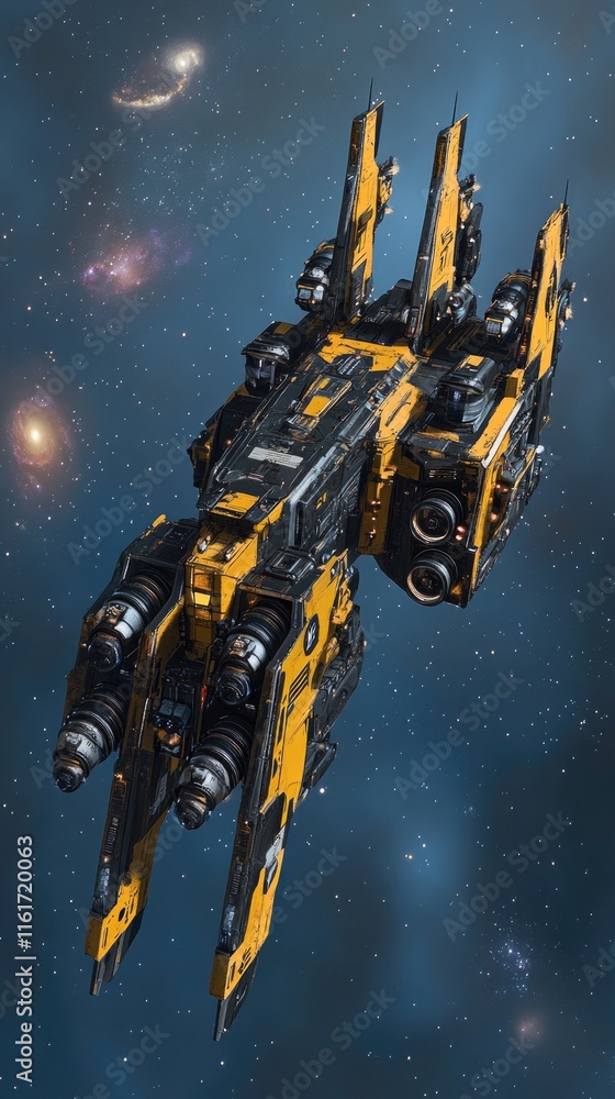 Aufkleber a futuristic spacecraft with a sleek design and multiple engines, set against a starry backdrop.