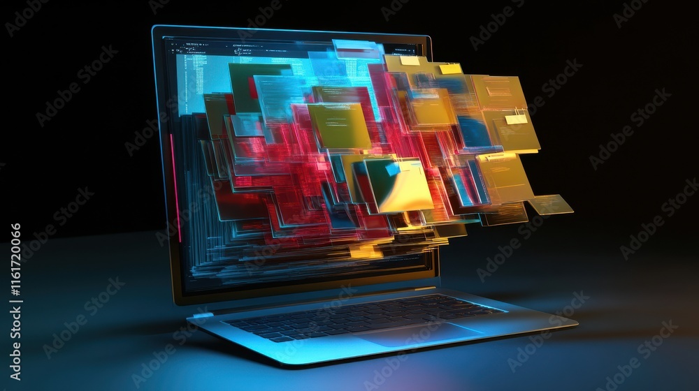 Poster digital data visualization over laptop with colorful file icons