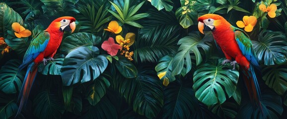 Obraz premium Two Scarlet Macaws Perched Amidst Lush Tropical Foliage