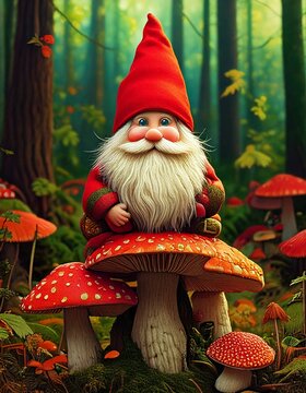 A gnome sat on a toadstool in a forest.	