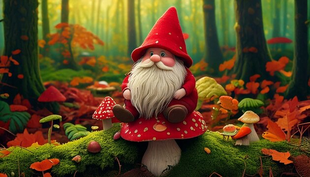 A gnome sat on a toadstool in a forest.