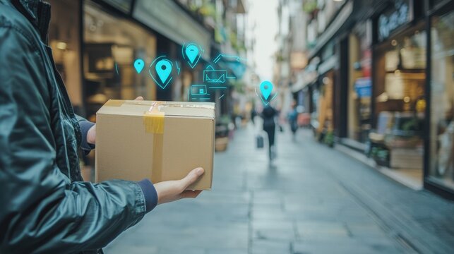 Delivery Person Holding Package with Virtual Location Markers
