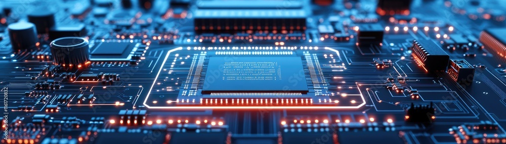 Poster close-up of a computer circuit board with glowing elements, showcasing technology and design.
