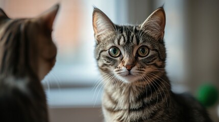 A cat staring at its owner as they play with a new pet, showing jealousy.