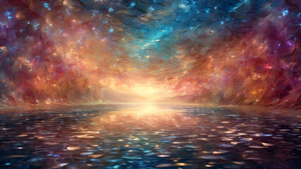 Abstract Fractal Sunburst in Radiant Golden and Blue Hues