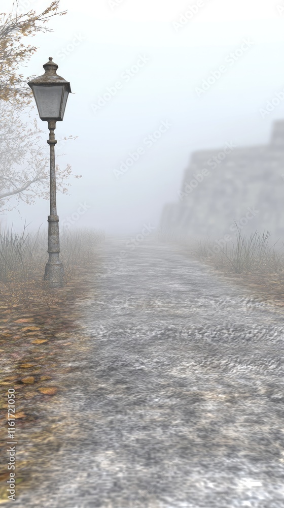 Poster a foggy pathway lined with a lamppost, creating a mysterious atmosphere.