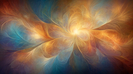 Abstract Fractal Sunburst in Radiant Golden and Blue Hues
