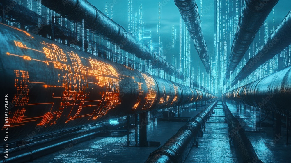 Aufkleber futuristic pipeline with digital data flow in neon blue environment