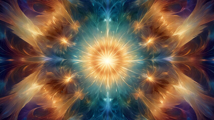 Abstract Fractal Sunburst in Radiant Golden and Blue Hues