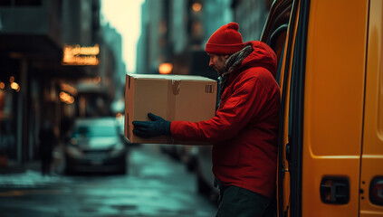 A delivery person in a red uniform is carrying a cardboard box out of a yellow van on a city street