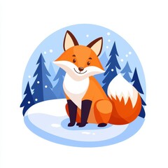 Obraz premium A solitary fox resting gracefully in a snowy landscape surrounded by evergreen trees creating a serene and tranquil winter scene in nature