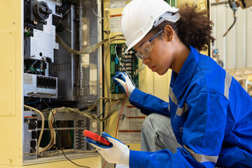  African american engineer woman fixing and testing an Artificial Intelligent welding robotic...