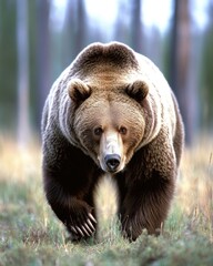 Fototapeta premium A grizzly bear walking through a natural landscape with trees in the background.